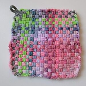 New Handmade Green Lime Pink Violet Pot Holder Hotpad 5.25" x 5.25" Cottage Folk